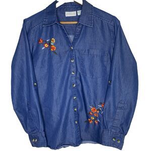 Vtg COMPANY ONE Shirt Embroidered Floral Retro Cottagecore Denim Womens S Blue